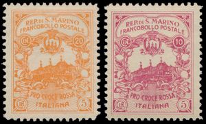 Niet uitgegeven zegels Rode Kruis 1916, n° 50A/B (C.E.I.), zeldzaam, zm (Cataloguswaarde: €1.300)