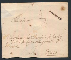 1753 Voorloper als omslag, vanuit Enghien, Herlant 2, naar Parijs (Frankrijk), portaanduiding 8 sols met op de keerzijde een datum van 