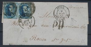 1859 Ambt. Du Midi N° 2, brief zonder inhoud, vanuit Bruxelles, met N° 11A (2x), afstempeling P.24-Brussel, dd. 9 juni 1859, naar Rouen (Frankrijk), meerdere stempels op keerzijde, w.o. een prachtige ambulante stempel van 