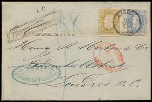 1878 Est N° 3b, aangetekende brief met inhoud, vanuit Liege, dd. 31 december 1878, naar London, met N° 31 en 32 (een afstempeling voor beide zegels), op de keerzijde, afstempeling 