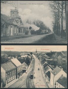 Brasschaat, 2 tramways à vapeur, uitg. De Potter à villa Rubens et uitg. Persenuire (petite image) (2 pièces)