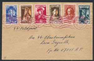 1943 E 38/43 (2x) op 2 filatelistische brieven van Edward Degrelle naar zijn broer Leon Degrelle, afgestempeld 