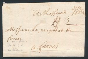 1710 Voorloper met inhoud vanuit Yper, dd. 30 april 1710, naar Furnes (Veurne), port 3 decimen, zm