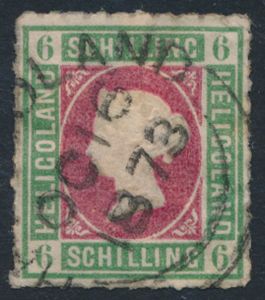 Heligoland : No 4 '6 S vert et rouge' avec cachet 'Helgoland' placé au centre (16OC 1873), en parfait état et authentiquement usé - rare (Mi €600)