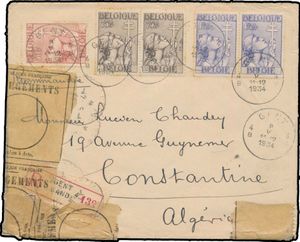 1934 N° 379, 380 (2x) en 382 (2x) op aangetekende omslag, vanuit Gent, dd. 8 V 1934, naar Constantine (Algerije), enveloppe heeft stickers van 