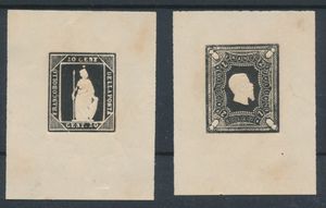 1864 (?) 2 proefdrukken in zwart van Italia guerriera en Vittorio Emmanuele II,met vlekken, m/ntz.