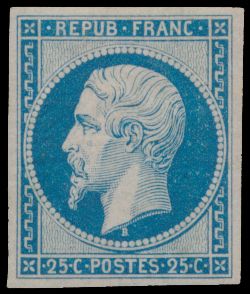 N° 10c '1862, Présidence 25c blauw, réimpression' klein dun plekje, met certificaat, m (Yv € 600)