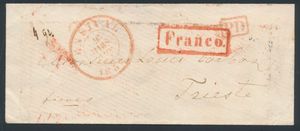 1855 Vorläufer als Briefumschlag, mit Abgangsstempel Dca, rot, Ensival, vom 9. März 1855, nach Triest (Italien), handschriftlich 