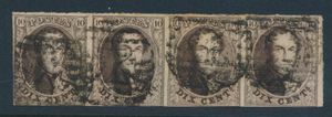 N° 10 (strip van 4), goed gerand (rechts onder aangesneden), zm/m (OBP € 125)