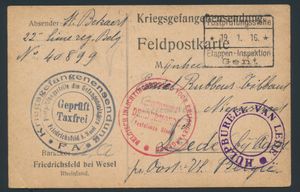 1916 Kriegsgefangensendung - Feldpostkarte, vanuit Friedrichsfeld b. Wesel, dd. 19.1.16, mooie stempels van 