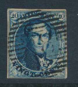 N° 4 '20 cent. blauw' volrandig, afst. P.18 Binche, mooi (OBP € 70 + Coba € 15)