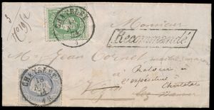 1874 N° 30 en 32, op aangetekende brief met inhoud, afstempeling Dca Chatelet, dd. 18 november 74, naar Vezin (stempels Midi V, Namen (Station) en Nameche, manuscript 