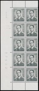 N° 1069A '6,50 fr grijs' (blok van 10) met drukdatum 13/04/1960 en variëteit 'V1 (Varibel) 'Gebroken brilglas', zm (OBP € ++1050)