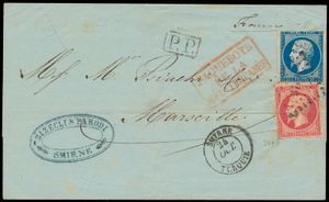 Samenstelling van 7 brieven, gefrankeerd met diverse combinatie van Napoleon III ongetande uitgifte in binnenland tarieven wo. een brief uit Smyrne Turquie met 