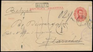 1890 MIDI 2, briefomslag van Argentinië, vanuit Buenos Aires, dd. 26 mei 1890, naar Aerschot, bij aankomst te Bruxelles op 21 juni 1890 wordt de stempel 