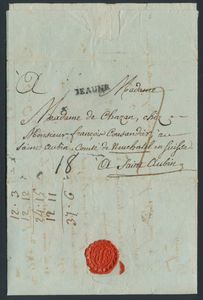 1791 Franse voorloper, vanuit Beaune, dd. 1 juli 1791, naar Saint Aubin (Zwitserland), zm