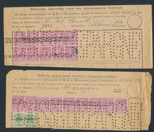 N° 46 Samenstelling tientallen zegels op 20 spaarbulletins, met rolafstempelingen, na te zien op plaatfouten, ook enkele n° 45, zm/m/ntz