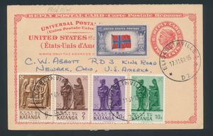 1961, Antwortkarte (Ganzsache) von USA 2c mit Zusatzfrankatur mit US Briefmarke zu 5c und Katangese Briefmarken COB 52,53, 56 und 59 Katangese Kunstausgabe, gesendet von Elisabethville-1 D2 Nov. 17, 1961 nach Newark / Ohio / USA, kein Text auf Rückseite, vf