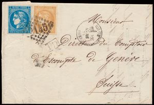 1871 Composition de 6 lettres affranchies avec diverses combinaisons avec Cérès de Bordeaux émission wo. timbres avec dentelure privée sur n° 45C, une lettre pour la Suisse, une lettre avec n° 43Ba (paire horizontale) du G.C.-1469 Fauquembergue pour Amiens, tb/b (Yv. €1,295 + Maury €650).