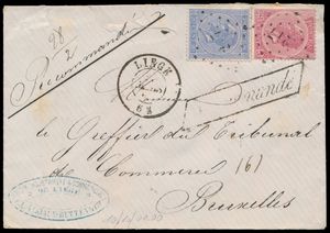 1869 Nos 18 et 20, sur enveloppe recommandée, oblitérée Pt.217-Liège, datée du 12 mars 69, à destination de Bruxelles, manuscrite 