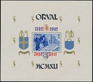 BL 24-Cu, Gotische cijfers, getand, NIET genummerd, blauwe opdruk i.p.v. rode opdruk en met omgekeerde rode kleur (schild en 1142  1942), zm (OBP ++€220)