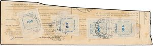 1966 Official postal parcels at 15fr, 123fr and 200fr (2x) on fragment of dispatch note cancelled 24-2-66 at Léopoldville, griffs 