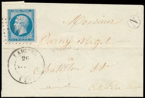 1854/1859 Samenstelling van 8 brieven gefrankeerd met Yv. n° 14A, 14B of 15, alle met diverse postbusstempels in cirkel, zm 