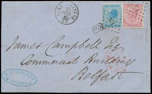 1867 Nos 18 et 19, sur lettre avec contenu, oblitérée PT N.1-Bruxelles-Anvers et Dca 