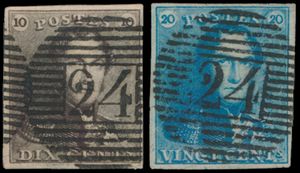 N° 1 + 2A, beide volrandig met afstempeling hoofd directiekantoor P.24-Bruxelles, zm (OBP €150)