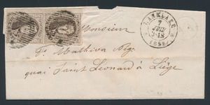 N° 10A (In paar), op brief met afst. D. 66 'Lanklaer' (met gebuur en bladboord) 7 juin 1859 + postbusletter van Boorsheim 'AA', naar Luik, zm/m (OBP € 75 + Coba € 60)