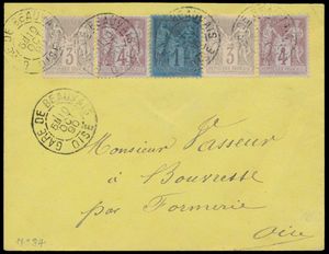 1890, aantrekkelijke brief van Beauvais naar Formerie, met 5 zegels type Sage w.o. 1c lijkend op Bleu de Prusse, zm.