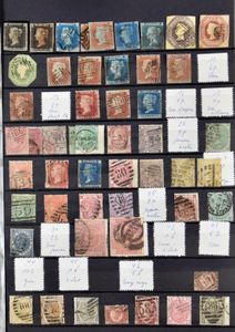 1840/1980 Verzameling in insteekboek met o.a. 2 Black Penny's, 2 pence 1840 (alle nipt vierrandig), Embossed, Victoria hoge waarden, £1 green GV (mishandeld door postbeambte), moderner gedeelte postfris, zm/m/ntz