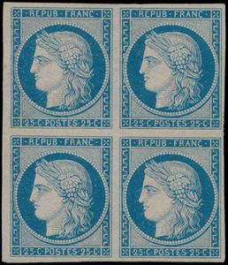 N° 4 '25c bleu' (Blok van 4), getekend (Calves en Brun), klein knipje tussen zegels rechts, zm (Yv € 47.000) - zie foto kaft.
