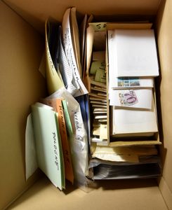 Box with stamps from various countries on insert cards + covers, including many themes, vf/f/to be checked