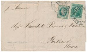 Puerto Rico : 1867, brief van Mayaguez per steamer naar Portland (Maine), gefrankeerd met Spaanse Antillen (Yv) N° 20 en USA Washington ten cents green, met stempe N.York staemer, zm.