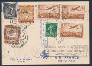 1937 Yv. N° 361 and PA 13 (3x) and Chile : Yv. PA 35, N° 40 and 43, on postcard 