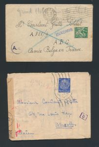 Belgische Präsenz in Frankreich, Brief aus Paris an Armée Belge en France, deutsche Zensur + Stempel der Flüchtlinge in Brüssel, Antwortstempel von Toulouse.