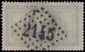 N° 33 '1869, 5 Fr violetgrijs' dun plekje in het midden, m/ntz (Yv € 1.200)