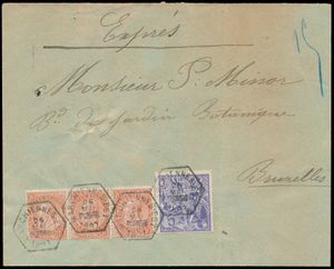 1897 N° 57 (3x) en 71, express omslag, vanuit Marchiennes-Est, dd. 26 mei 1897, naar Bruxelles, zm