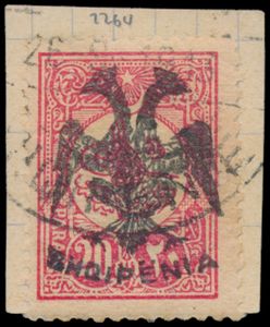 N° 6 '1913 opdruk dubbele adelaar 20 Pa roze' op fragment, met fotocertificaat (A.Ph.S), zm (Yv € 700)