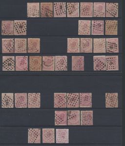 Nos 17/17A (44 ex.), 18/18A (24 ex.), 20/20A (40 ex.) Nombreuses feuilles de teinte, quelques oblitérations difficiles (Nos 21A + PT 377, à vérifier), tb/b/à voir (OCB €1,000).