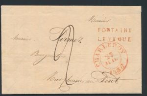 1836 Voorloper met inhoud, vanuit Fontaine-l'Évêque, twee lijnen rood, tesamen met Charleroi, type 14, Herlant 11, dd. 23 juli 1836, naar Marchienne-au-Pont, port 2 decimen, zm