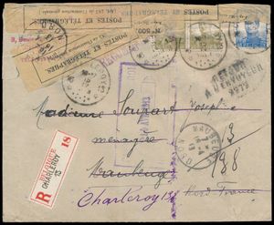1913 N° 112 (2x) en 120, op aangetekende brief, vanuit Charleroi 13, dd. 15 april 1913, naar Maubeuge (Frankrijk), twee manuscripten die het openmaken van de brief bevestigen en sticker gekleefd 