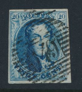 N° 11A '20c. blue', fully margined, with central cancel P.149-Solre-Sur-Sambre, vf (COBA €15)
