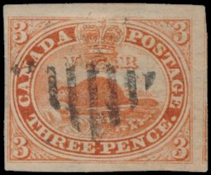 No 5 '1852, 3d red beaver' timbre joliment margé, tb (SG £225).
