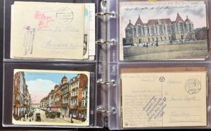 Dozens of Feldpost pieces from France W.O. I in album (Lazarett), also accumulation Feldpost Osten (Libau, et al.), also literature (2 manuals Feldpost) and 2 historical works on Zeppelins and organisation of the German army 1914/1918, vf