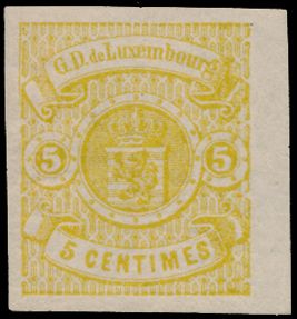 N° 37 '1875 Wapenschild 5c geel ongetand' met de gebruikelijke bruine gom, met fotocertificaat, zm (Pri €900)