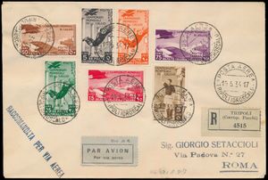 1934, N° 46/50 en A 31/37 'Wereldkampioenschap voetbal' volledige reeks op 3 aangetekende brieven van Tripoli naar Roma (Sass € 3.500, zegelwaarde € 2.800)- ZEER ZELDZAAM, zm.