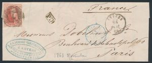 Nr. 16 '40 cent. karminrot' auf Brief aus Antwerpen P.4, nach Paris 24 Nov 1863, Marke stark versetzt gezähnt (OBP €75)