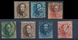 N° 13/16 met verschillende afstempelingen waaronder punt (o.a. Thourhout PT 358), balk (Oostende P.90) en dubbelcirkel afstempeling, zm